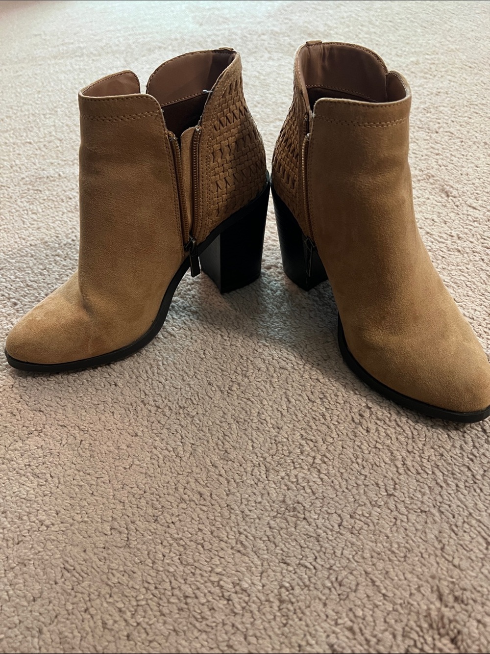 Women’s Tan Faux Suede Ankle Boots with Block Heel